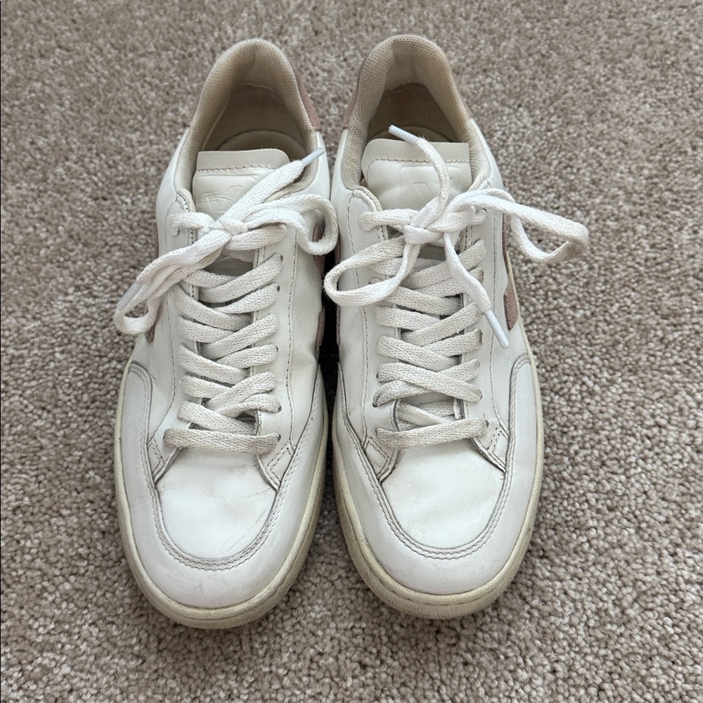 Veja V-12 Leather Suede White Sneakers in Babe Pink - Picture 3 of 10